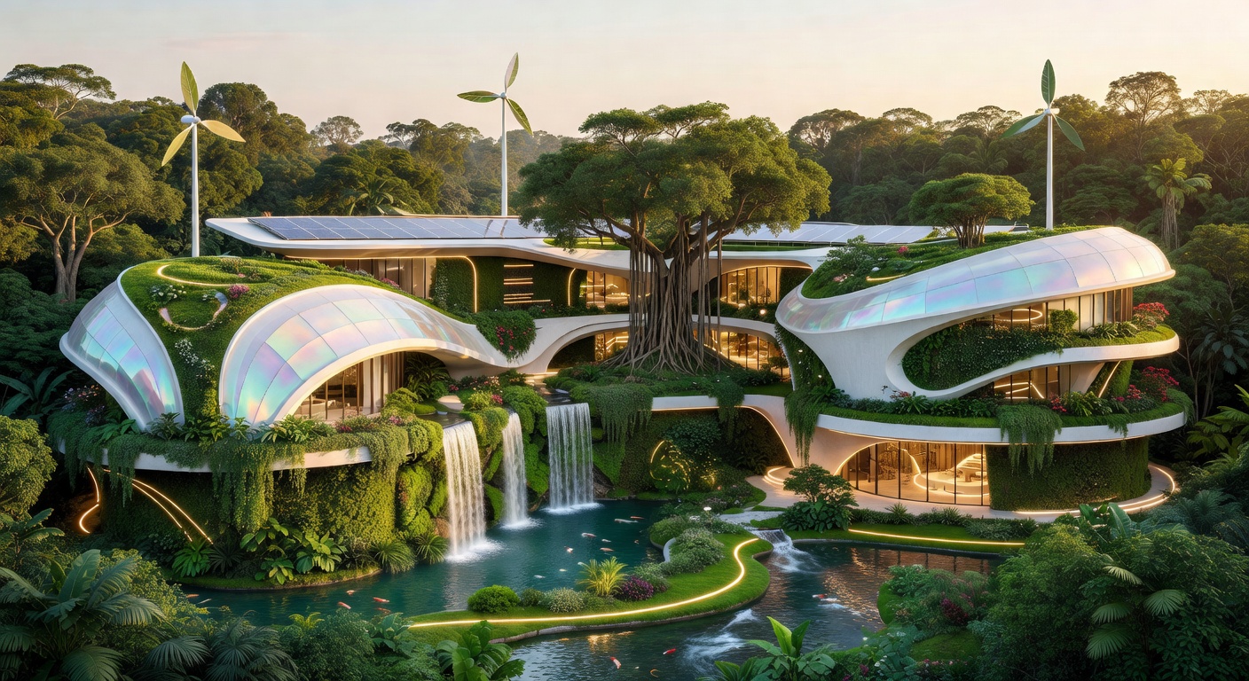 Futuristic eco-luxury resort exterior seamlessly blending with lush green nature